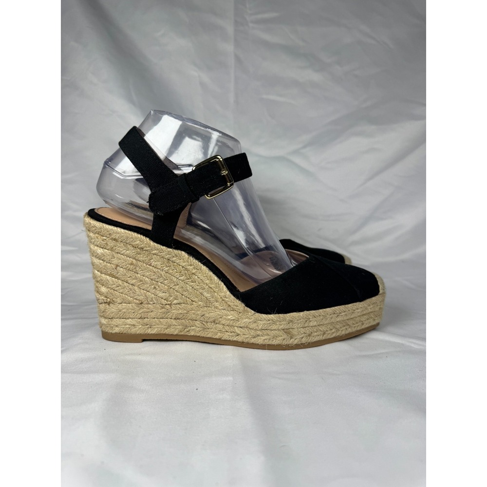 Time and Tru Women's US 9 Sandals Black Wedge Heel Suede Ankle Strap Espadrille